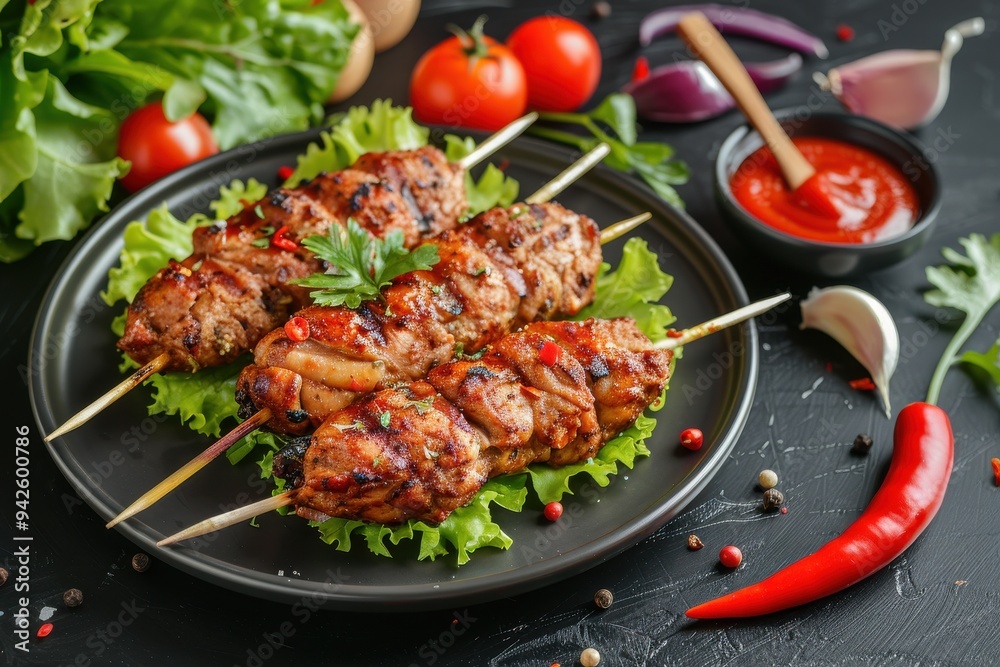 Grilled chicken shish kebab with red peppers on a black plate, perfect for food magazine stock photography. Grilled chicken shish kebab with red peppers on a black plate, perfect for food magazine stock photography.