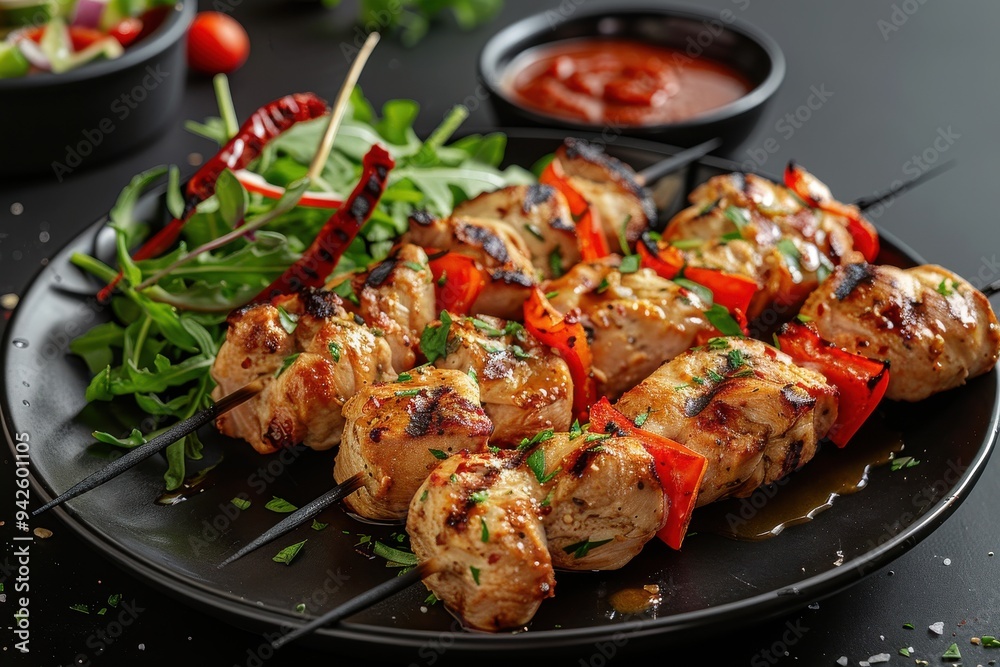 Grilled chicken shish kebab with red peppers on a black plate, perfect for food magazine stock photography. Grilled chicken shish kebab with red peppers on a black plate, perfect for food magazine stock photography.