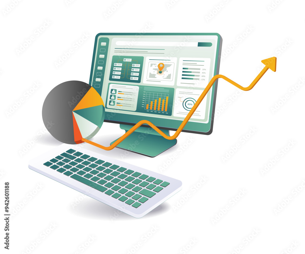 A computer monitor displaying a pie chart next to a keyboard A computer monitor displaying a pie chart next to a keyboard