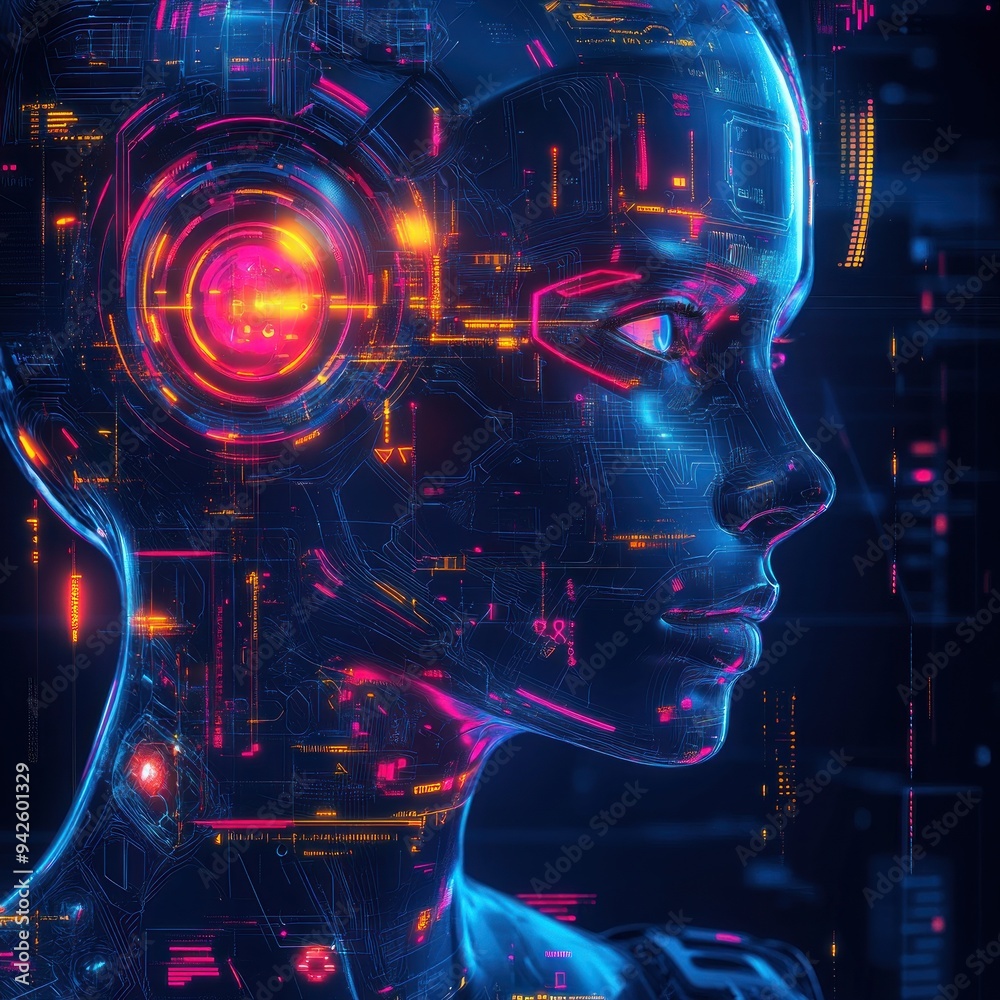 Digital Portrait of a Woman with Neon Lights and Circuitry Digital Portrait of a Woman with Neon Lights and Circuitry