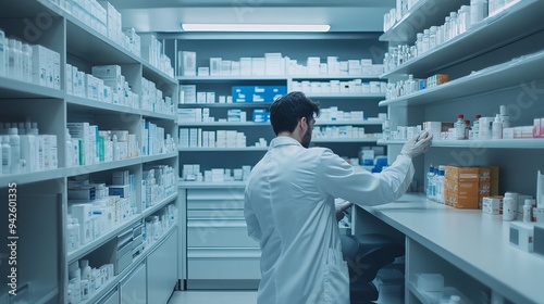 Clean Modern Pharmacy Laboratory with Pharmacist Preparing Prescription Medication