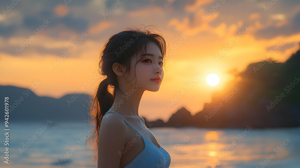 Woman with long brown hair looking at sunset on the beach. Woman with long brown hair looking at sunset on the beach.