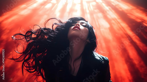 Woman with long black hair, eyes closed, in red light.