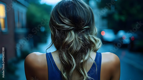 Woman with long wavy hair s...