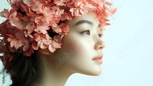 Woman with pink flowers in her hair looking to the side.