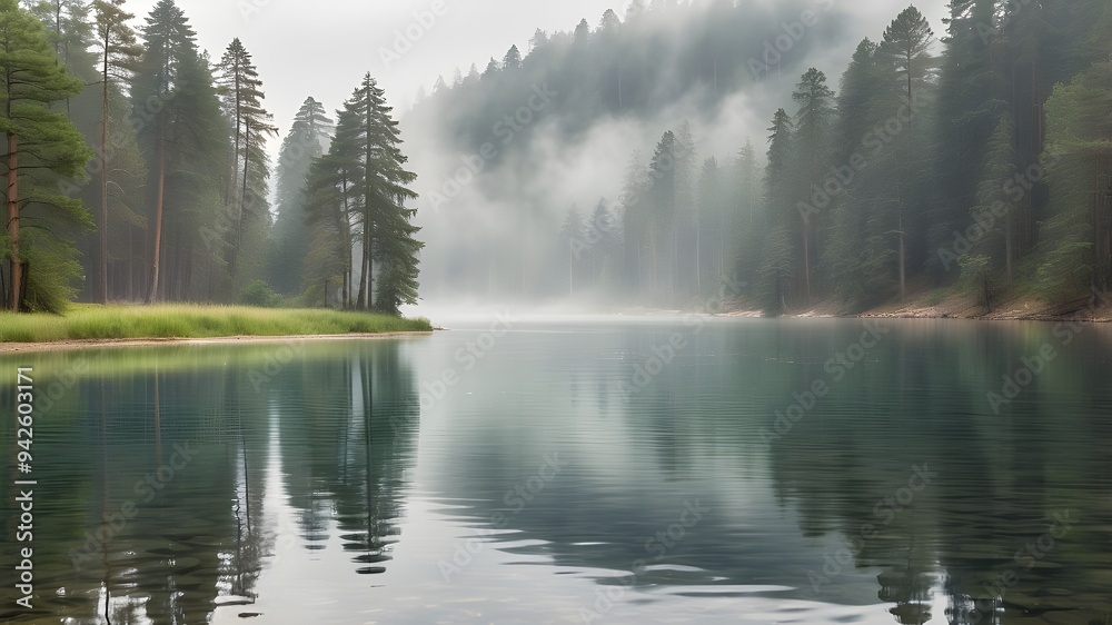 A serene lake surrounded by tall pine trees, with raindrops gently falling onto the water's surface, creating delicate ripples and mist rising from the calm water. A serene lake surrounded by tall pine trees, with raindrops gently falling onto the water's surface, creating delicate ripples and mist rising from the calm water.