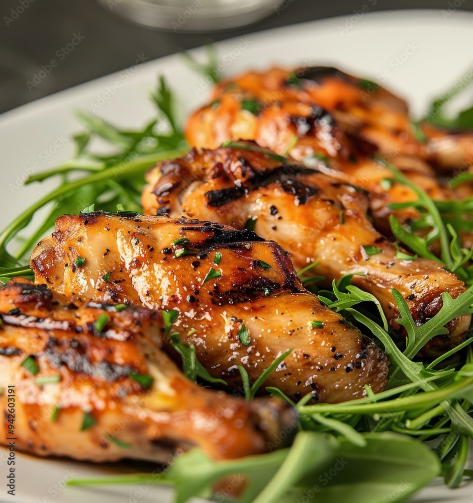 Close-up of grilled chicken wings with greens on a white plate, soft lighting, hyper-realistic, stock food photography. Close-up of grilled chicken wings with greens on a white plate, soft lighting, hyper-realistic, stock food photography.