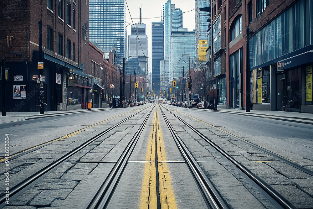 Obraz premium Embedded History: Trolley Tracks Extending Through the Heart of the City