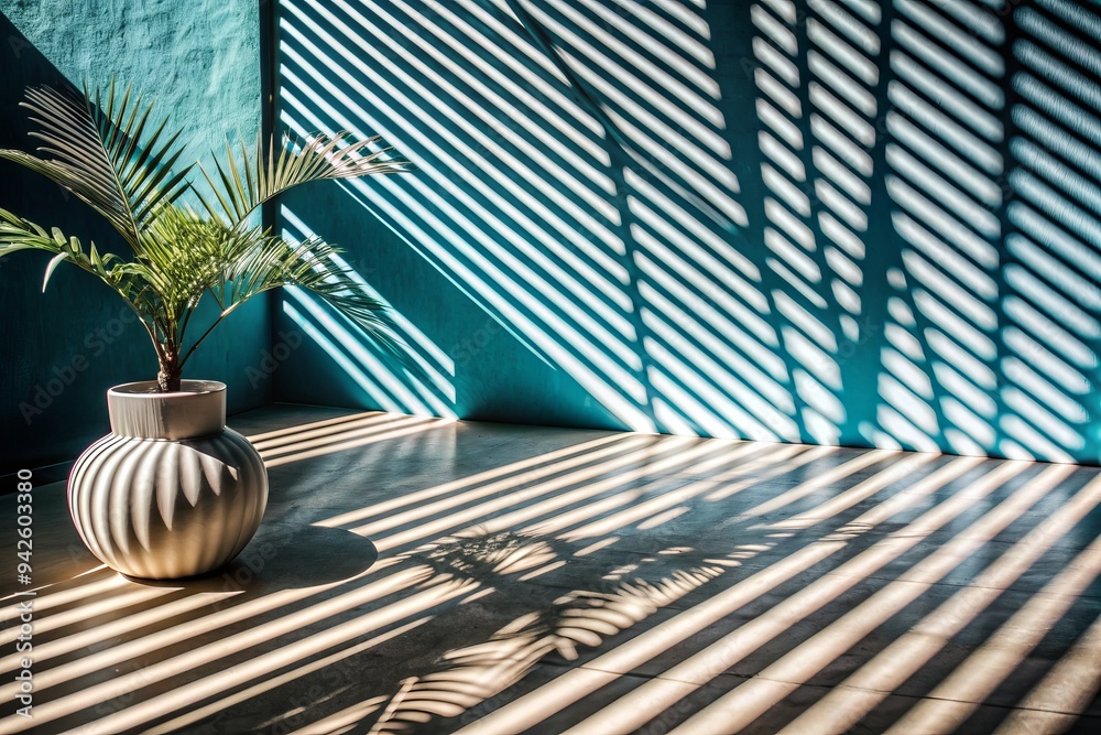 Obraz premium A vase with a plant in it sits in a room with blue walls