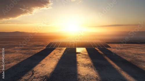 Solar Panels at Sunset with Long Shadows in a Desert Landscape