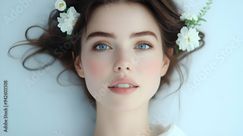 Woman with white flowers in...