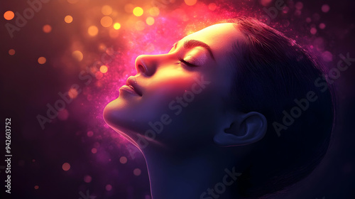 Woman's face bathed in warm...