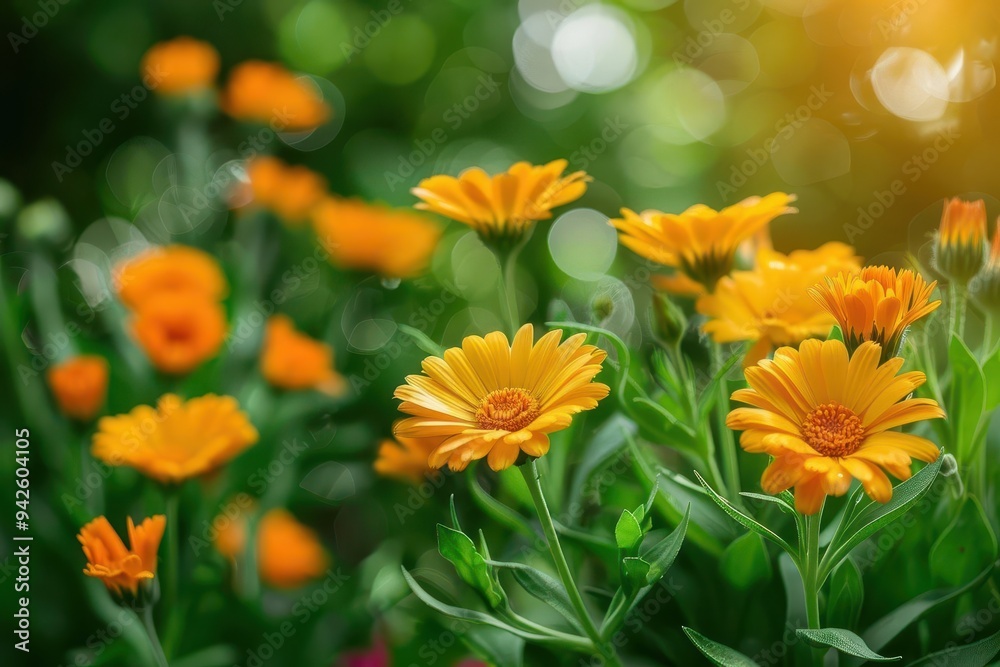 Vibrant orange blossoms in a lush garden with soft green background, sunlight filtering through creating a warm, inviting atmosphere full of life and color. Vibrant orange blossoms in a lush garden with soft green background, sunlight filtering through creating a warm, inviting atmosphere full of life and color.