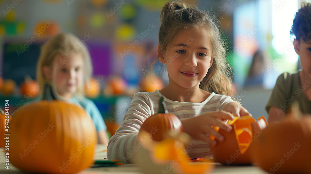 Kids with Pumpkin-Themed Art Projects: Kids creating art projects centered around pumpkins, such as drawing or constructing 3D pumpkin models, with copy space Kids with Pumpkin-Themed Art Projects: Kids creating art projects centered around pumpkins, such as drawing or constructing 3D pumpkin models, with copy space