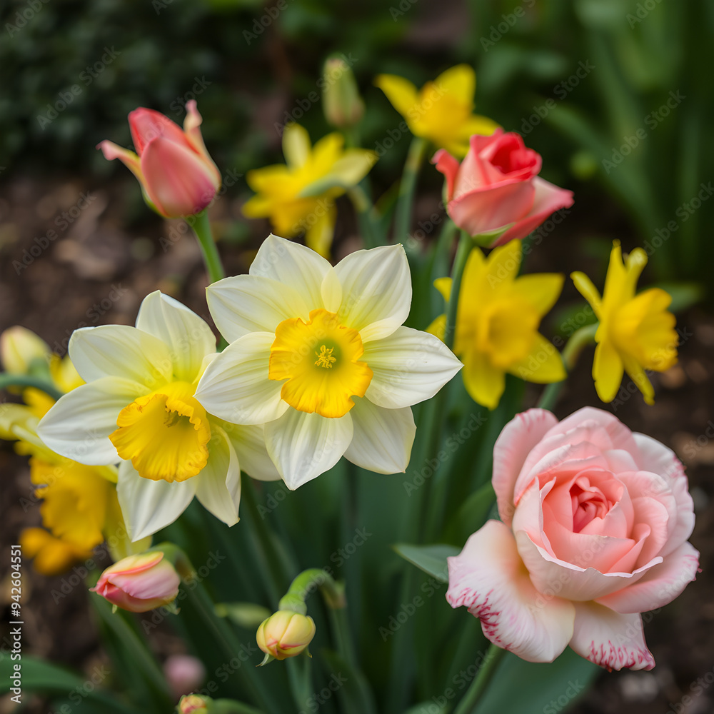 Una encantadora imagen de rosas con narcisos Una encantadora imagen de rosas con narcisos
