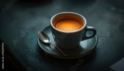 Warm coffee cup, rich amber liquid swirls inside, resting on a soft plate, accompanied by a gleaming spoon, set against a moody background.