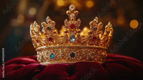 A majestic gold crown adorned with colorful jewels, resting on a plush red cushion, symbolizing royalty and power.