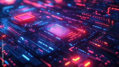 Futuristic Motherboard with Glowing Circuitry and Red and Blue Lights