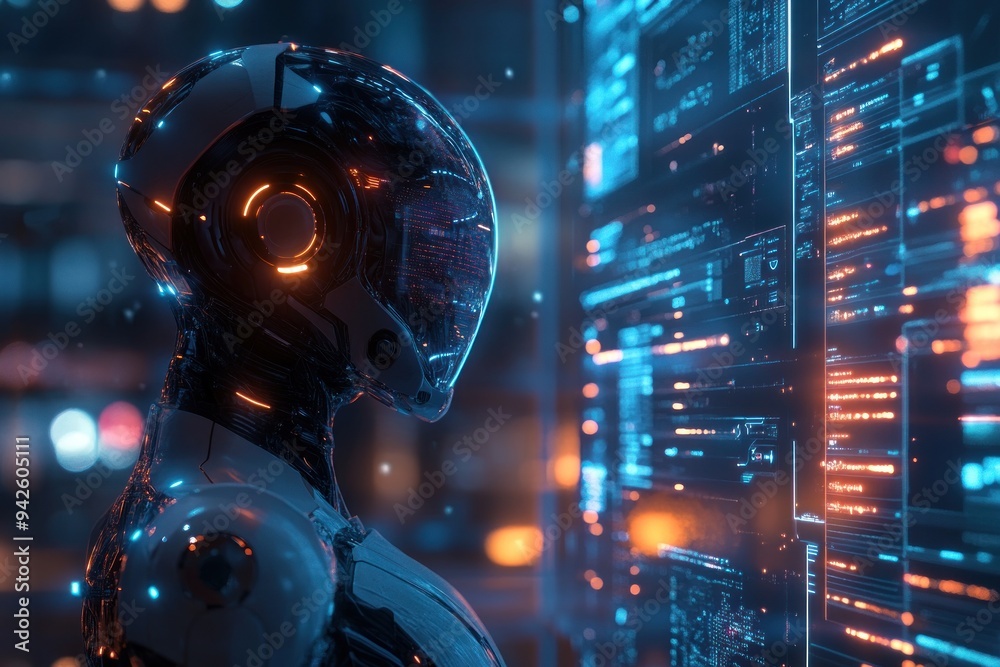 Futuristic Robot Observing Digital Interface Futuristic Robot Observing Digital Interface