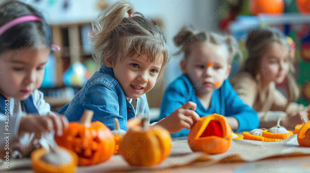 Fototapeta premium Kids with Pumpkin-Themed Art Projects: Kids creating art projects centered around pumpkins, such as drawing or constructing 3D pumpkin models, with copy space