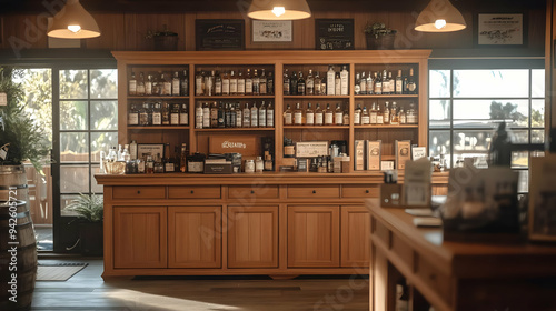 Wooden bar with shelves ful...