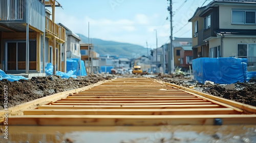 Wooden beams laid out in a ...