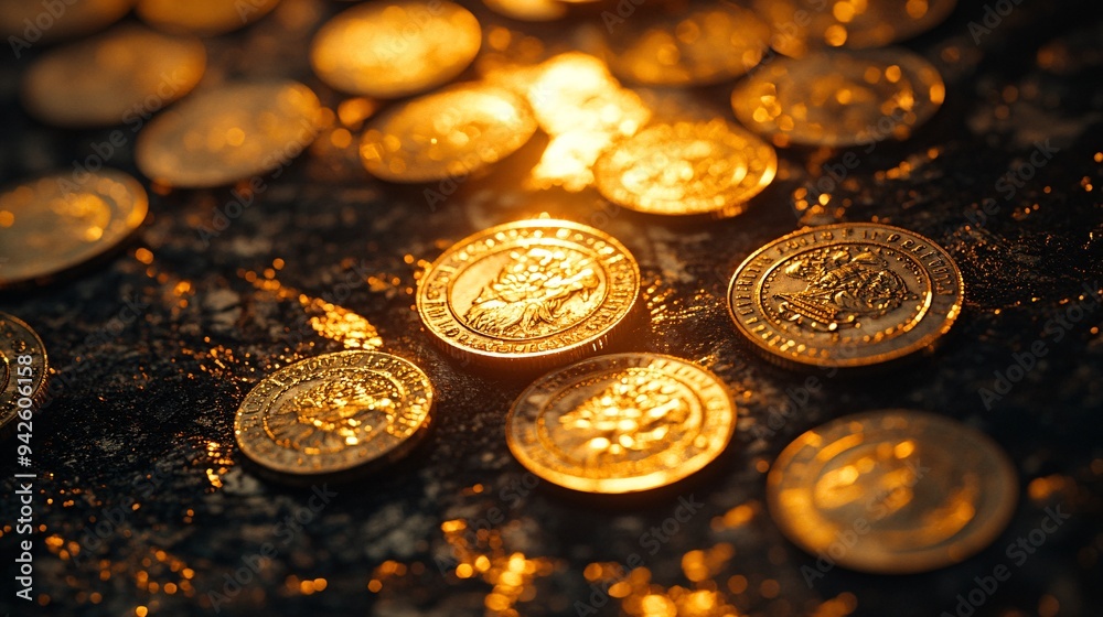 Golden coins illuminated by warm sunlight, creating a glimmering effect on a textured surface, symbolizing wealth and prosperity. Golden coins illuminated by warm sunlight, creating a glimmering effect on a textured surface, symbolizing wealth and prosperity.