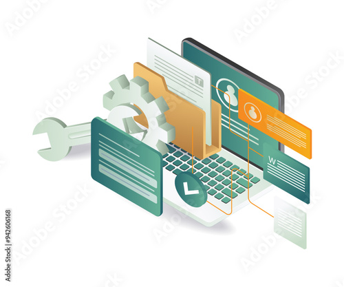 A laptop with a wrench and a document, representing maintenance and work tasks