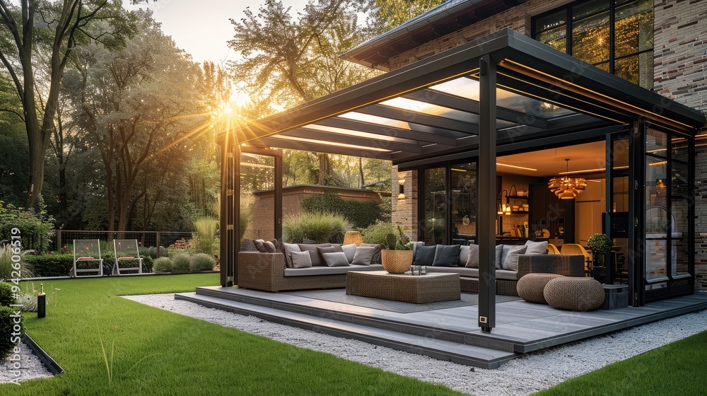 A cozy pergola with open sides and a sleek glass roof is nestled next to a charming house, surrounded by a beautiful garden. The pergola has a warm and inviting atmosphere. Generative AI. A cozy pergola with open sides and a sleek glass roof is nestled next to a charming house, surrounded by a beautiful garden. The pergola has a warm and inviting atmosphere. Generative AI.