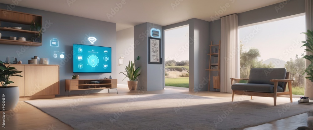 illustrate the concept of the Internet of Things with an image of a smart home, featuring various connected devices and appliances, shot from a low angle with a wide-angle lens illustrate the concept of the Internet of Things with an image of a smart home, featuring various connected devices and appliances, shot from a low angle with a wide-angle lens