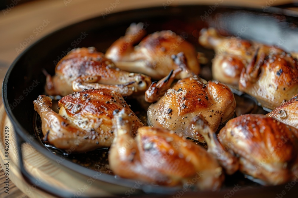 Roasted quail in a pan on a wooden table, close-up, delicious food shot. Roasted quail in a pan on a wooden table, close-up, delicious food shot.