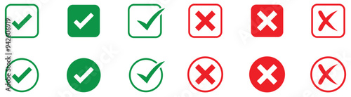 flat green check mark and red cross mark vector set.