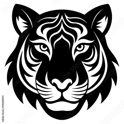 Tiger head silhouette black and white vector art illustration