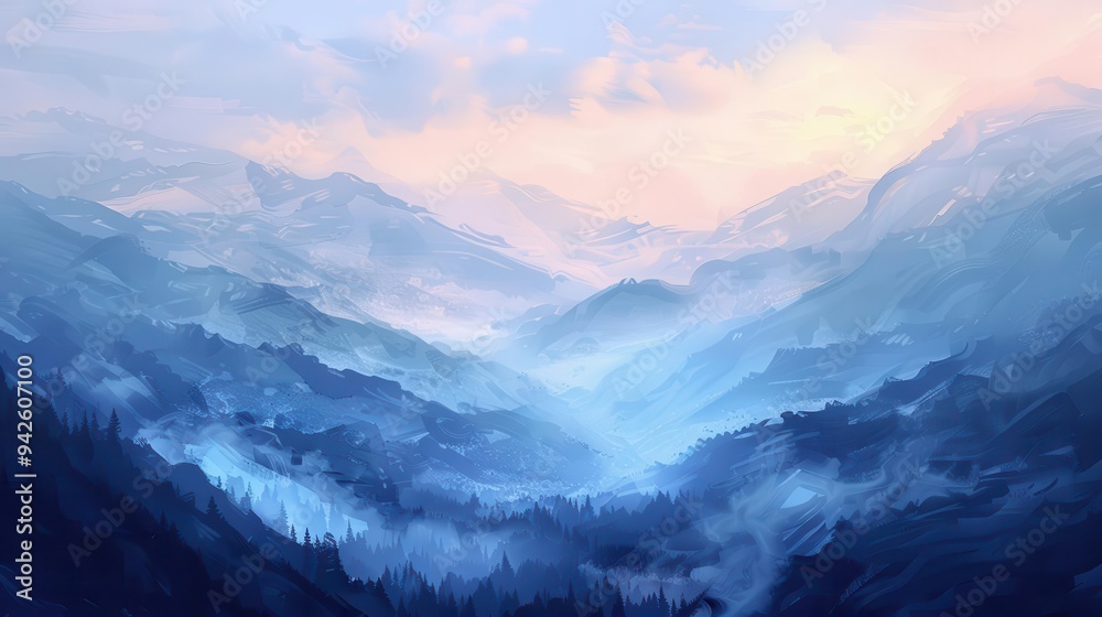 Serene Twilight Mountains, a tranquil dawn unfolds over majestic peaks, shrouded in mist, layers of blue deepen the landscape, inviting contemplation and wonder. Serene Twilight Mountains, a tranquil dawn unfolds over majestic peaks, shrouded in mist, layers of blue deepen the landscape, inviting contemplation and wonder.