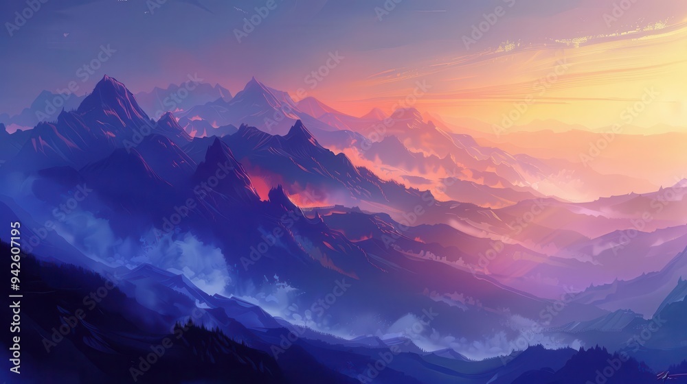 Obraz premium Majestic mountain range at sunset, vibrant hues of purple and orange blend across peaks, silhouetted against a tranquil sky, evoking a sense of serenity and grandeur.