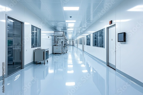 Wide shot of Bright Advanced Semiconductor Production Fab Cleanroom with Working Overhead photo