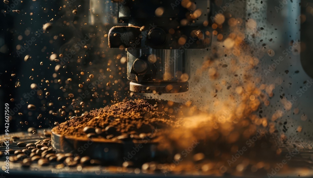 Coffee grounds exploding under pressure, vibrant particles floating in air, intense focus on the grinding process, showcasing the essence of fresh coffee preparation. Coffee grounds exploding under pressure, vibrant particles floating in air, intense focus on the grinding process, showcasing the essence of fresh coffee preparation.