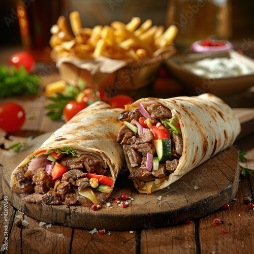 Shawarma with meat and veggies, cut in half, fries in the background, side view.