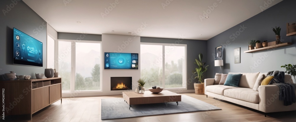 illustrate the concept of the Internet of Things with an image of a smart home, featuring various connected devices and appliances, shot from a low angle with a wide-angle lens illustrate the concept of the Internet of Things with an image of a smart home, featuring various connected devices and appliances, shot from a low angle with a wide-angle lens