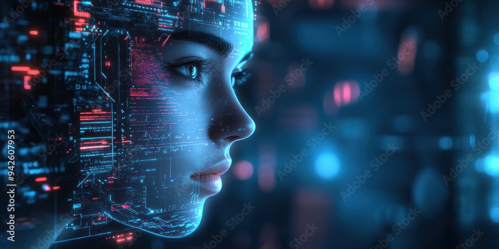 A Woman's Profile Overlaid with Futuristic Digital Code A Woman's Profile Overlaid with Futuristic Digital Code