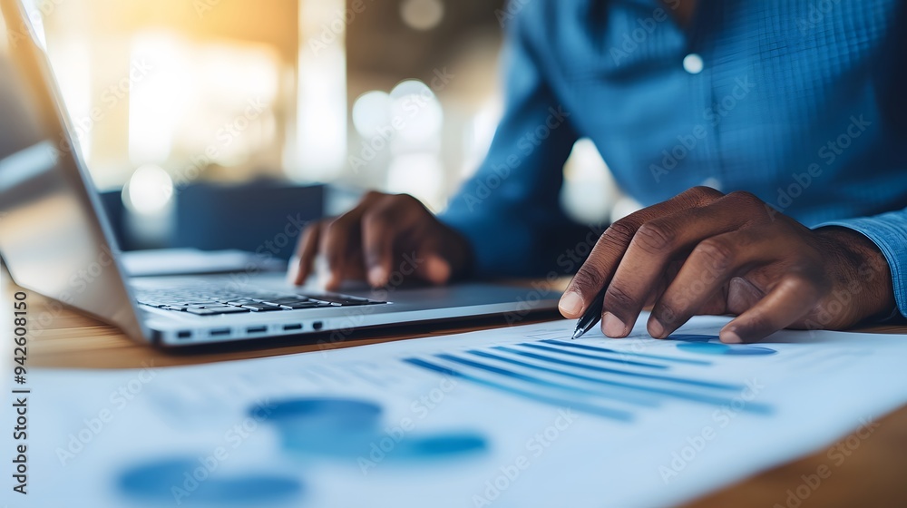 Person Analyzing Financial Data with Pen and Laptop Person Analyzing Financial Data with Pen and Laptop