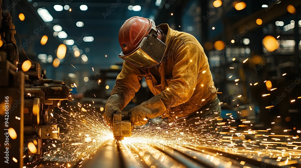 right side close-up of a worker holding a metal plate against a manufacturing machinery right side close-up of a worker holding a metal plate against a manufacturing machinery