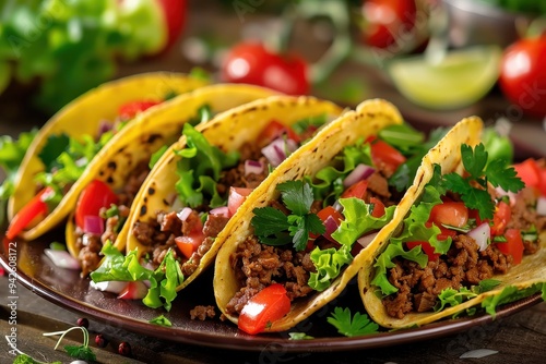 Beef tacos with lettuce, veggies, pico de gallo on the side, vibrant colors.