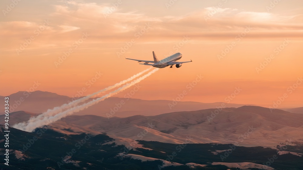 A commercial airplane flying through an orange sky during sunset, leaving a trail of white exhaust behind A commercial airplane flying through an orange sky during sunset, leaving a trail of white exhaust behind