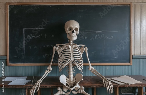 A full-body skeleton sitting on top of the blackboard in a classroom like a teacher
