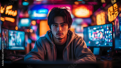 Young man in a gray hoodie ...