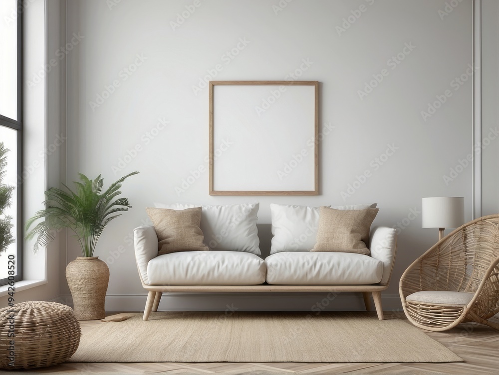 Fototapeta premium Minimalist Living Room with White Sofa and Empty Frame