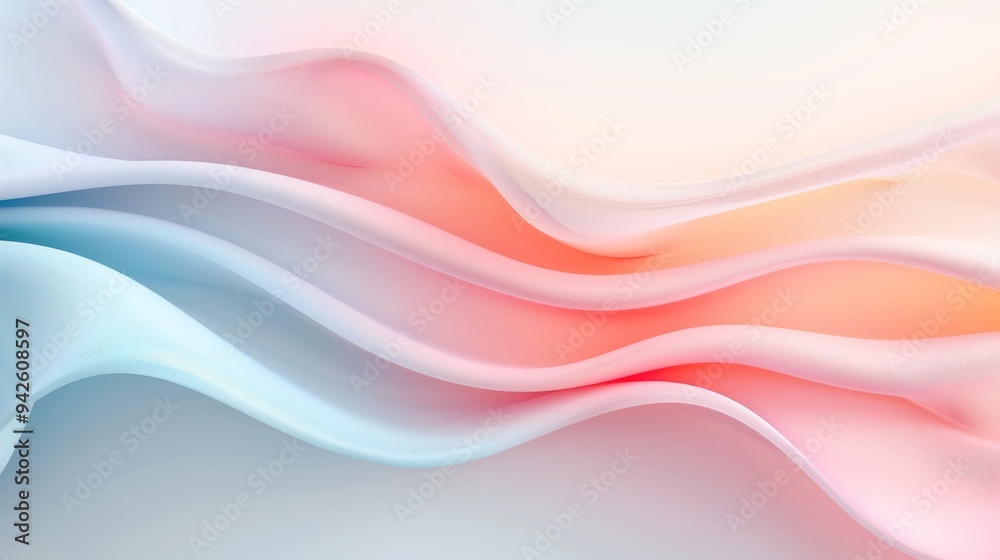 Fototapeta premium Gentle Waves of Color, Soft billowing layers in pastel hues of blue, pink, and white flow gracefully, creating a serene and calming visual experience perfect for backgrounds.