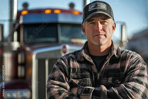 Professional driver with arms crossed proudly standing in front of the truck. 1