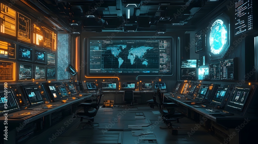 Obraz premium Futuristic control room filled with advanced technology including multiple displays screens and a sleek modern interface Ideal for concepts related to data management digital information cyberpunk